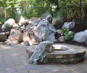 Stone Patio With Rock Wall And Fire Pit, Outdoor Patio Design Western MA, Outdoor Fire Pit Design Western MA, Outdoor Fire Pit Installation Western MA